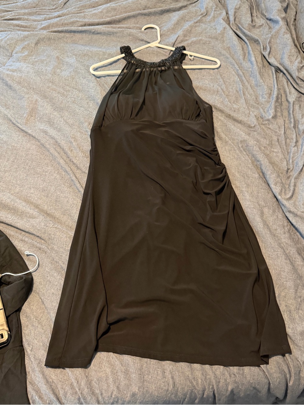Black Halter Neck Evening Dress with Beaded Trim with built in cups